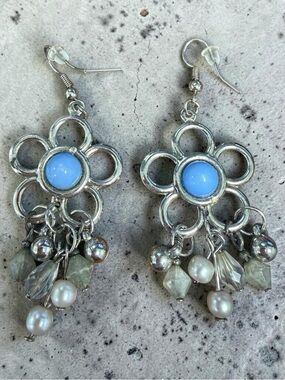 Silver Tone Flower Drop Earrings with Light Blue Cabochon and Pearl Accents